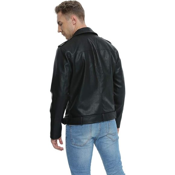 Men Black Faux Leather Biker Jacket Slim Fit Motorcycle Bomber Zip Up Coat - Picture 5 of 5